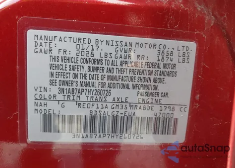 2017 Nissan Sentra Sl z USA, uszkodzony, nr VIN 3N1AB7AP7HY260726